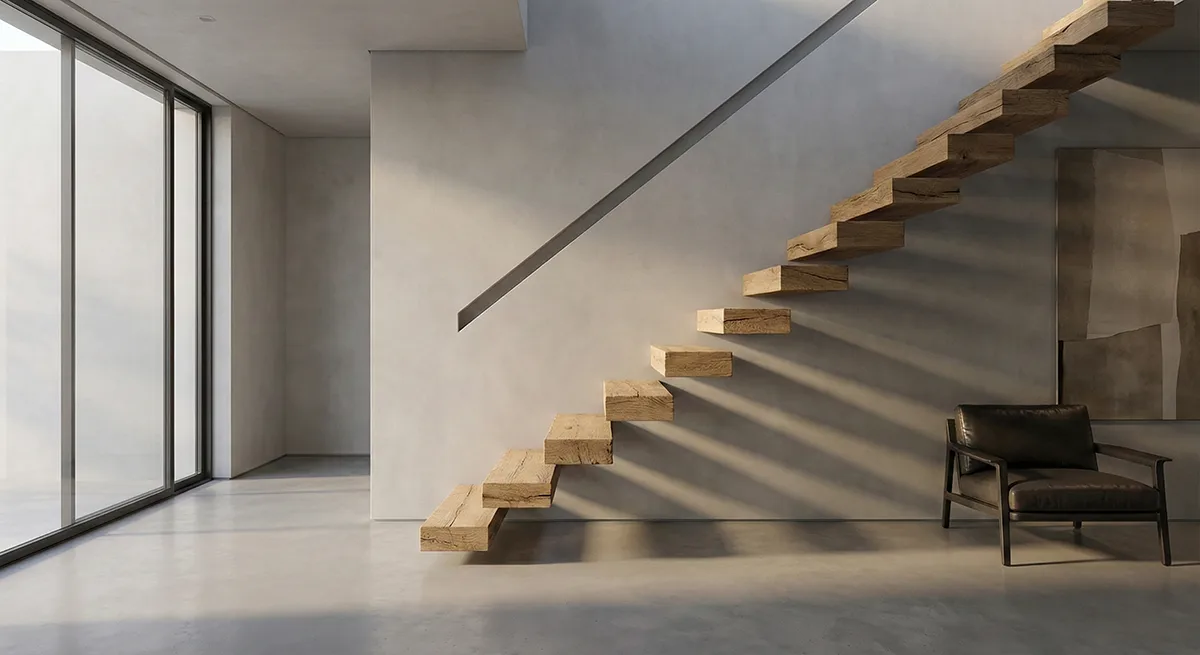 Moderne Kragarmtreppe mit Eichenstufen in einem minimalistischen Wohnzimmer – schwebender Effekt.