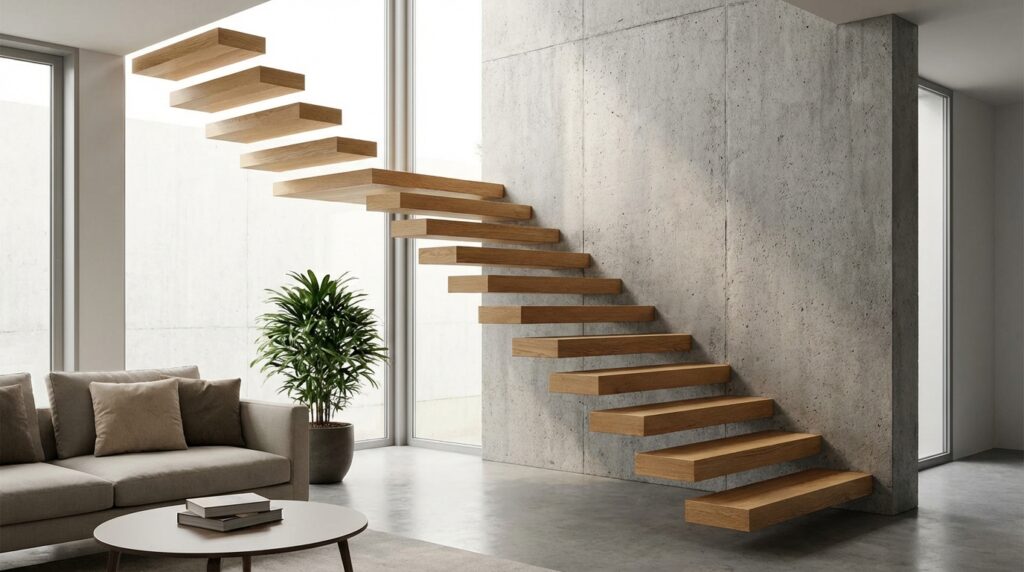 Ein moderner, offener Wohnbereich mit einer eleganten Kragarmtreppe aus Eichenholz, die scheinbar schwerelos aus einer Sichtbetonwand ragt. Das Licht fällt weich auf die Stufen und betont die schwebende Optik.