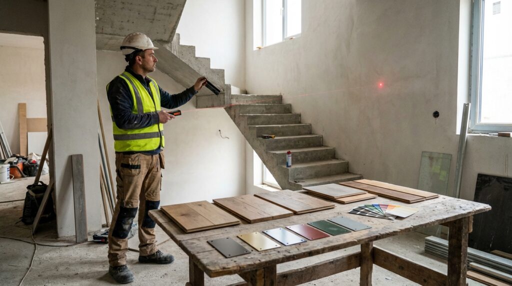 Eine Baustellenszene: Ein Handwerker in Arbeitskleidung misst mit einem Laser-Messgerät den Treppenraum aus. Im Vordergrund sieht man Musterstücke ...