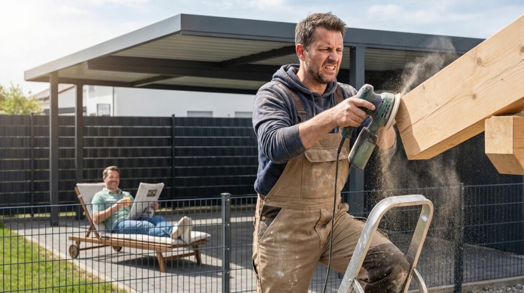 Ein Mann in Arbeitskleidung steht frustriert auf einer Leiter und schleift einen Holzbalken ab, während im Hintergrund ein Nachbar entspannt unter seinem sauberen Stahl-Carport sitzt. Ein Mann in Arbeitskleidung steht frustriert auf einer Leiter und schleift einen Holzbalken ab, während im Hintergrund ein Nachbar entspannt unter seinem sauberen Stahl-Carport sitzt.