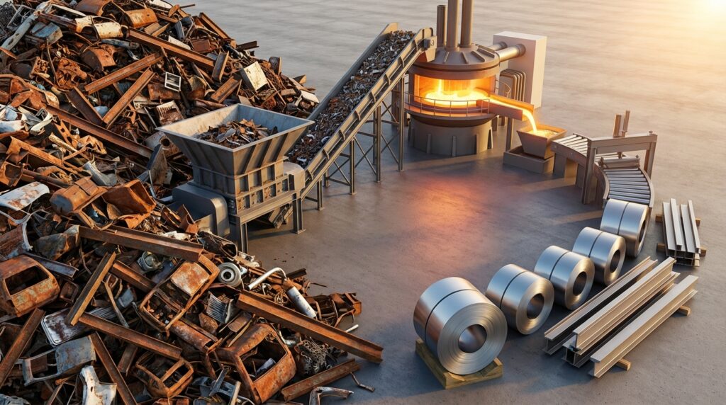 Ein Symbolbild für Recycling: Ein Kreislauf, der zeigt, wie aus Stahlschrott wieder neue Stahlprodukte entstehen, sauber und effizient. Ein Symbolbild für Recycling: Ein Kreislauf, der zeigt, wie aus Stahlschrott wieder neue Stahlprodukte entstehen, sauber und effizient.