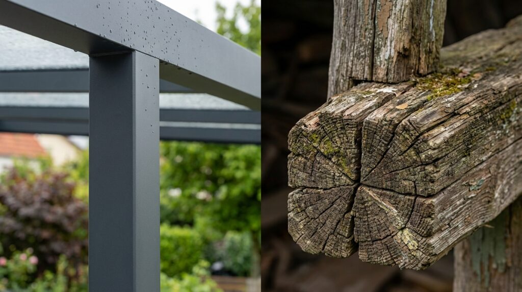 Detailaufnahme einer schlanken Stahlstütze eines Carports, pulverbeschichtet in Anthrazit, im Vergleich zu einem dicken, rissigen Holzbalken. Detailaufnahme einer schlanken Stahlstütze eines Carports, pulverbeschichtet in Anthrazit, im Vergleich zu einem dicken, rissigen Holzbalken.