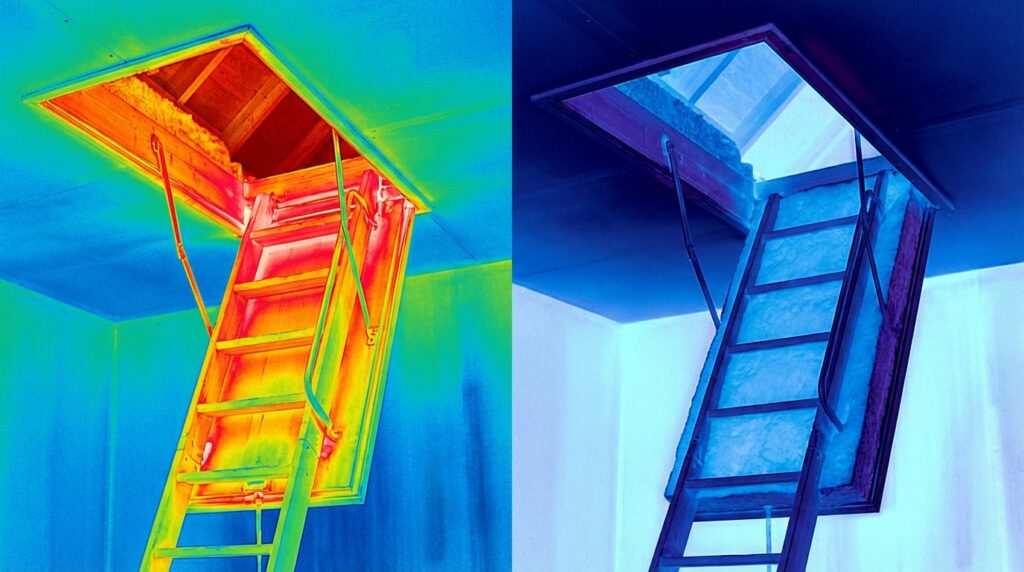 Nahaufnahme einer unsachgemäß isolierten Fuge zwischen Lukenkasten und Betondecke, aus der gelber Bauschaum unkontrolliert herausquillt. image 3