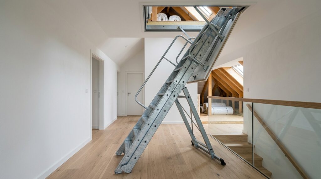 Moderne, ausgeklappte Dachbodentreppe aus robustem, verzinktem Stahl in einem isolierten Wohnungsflur mit präziser architektonischer Detailansicht