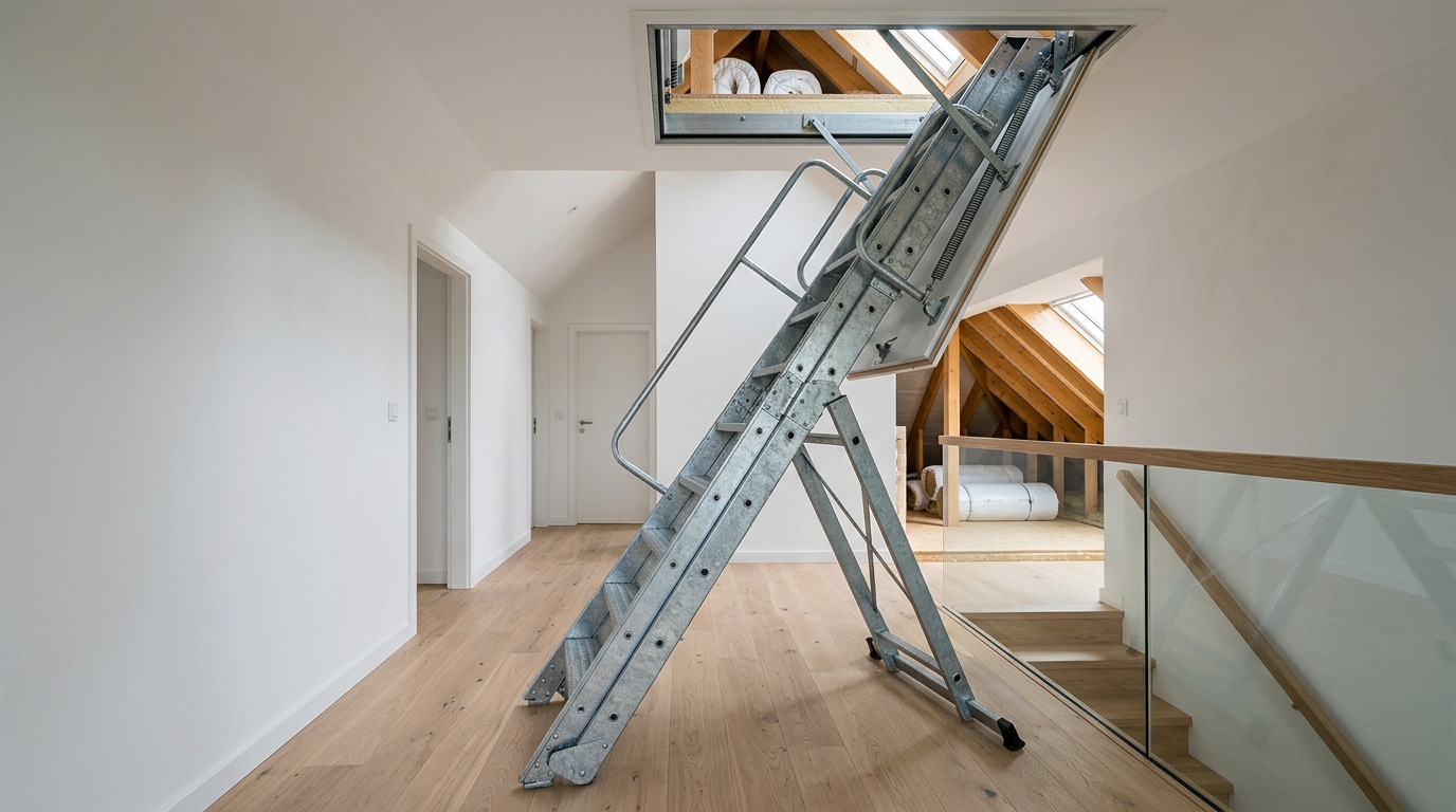 Moderne, ausgeklappte Dachbodentreppe aus robustem, verzinktem Stahl in einem isolierten Wohnungsflur mit präziser architektonischer Detailansicht