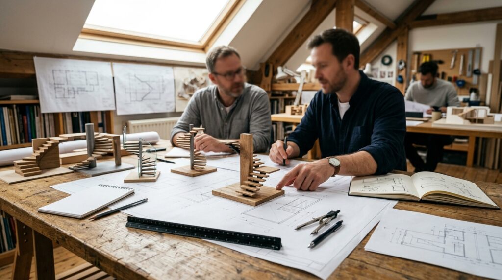 Dachausbau planen – Treppenmodelle und Grundrisse auf einem Planungstisch