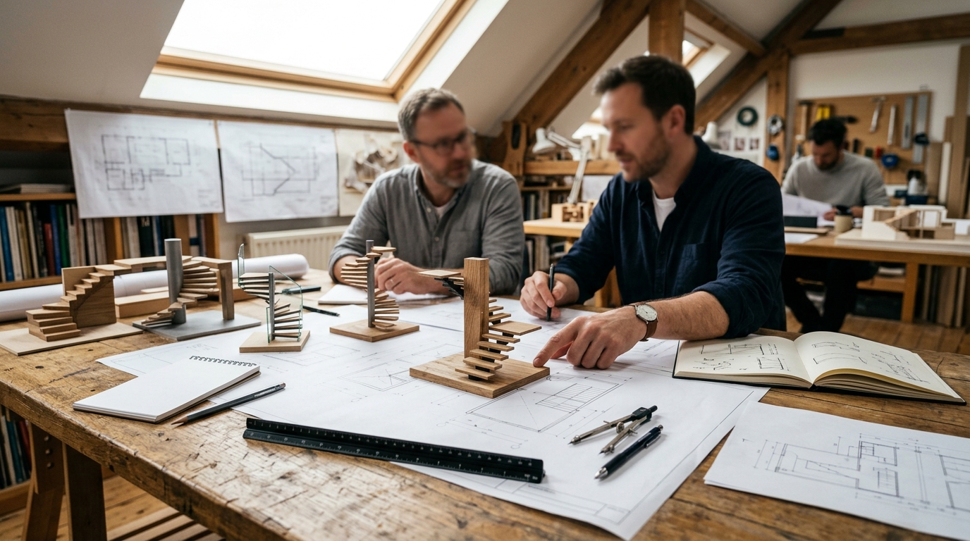 Dachausbau planen – Treppenmodelle und Grundrisse auf einem Planungstisch
