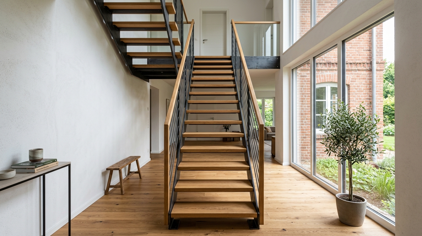 Abgeschlossene Realisierung einer Stahl-Holz-Treppe in einem renovierten Wohnhaus in Baden-Württemberg
