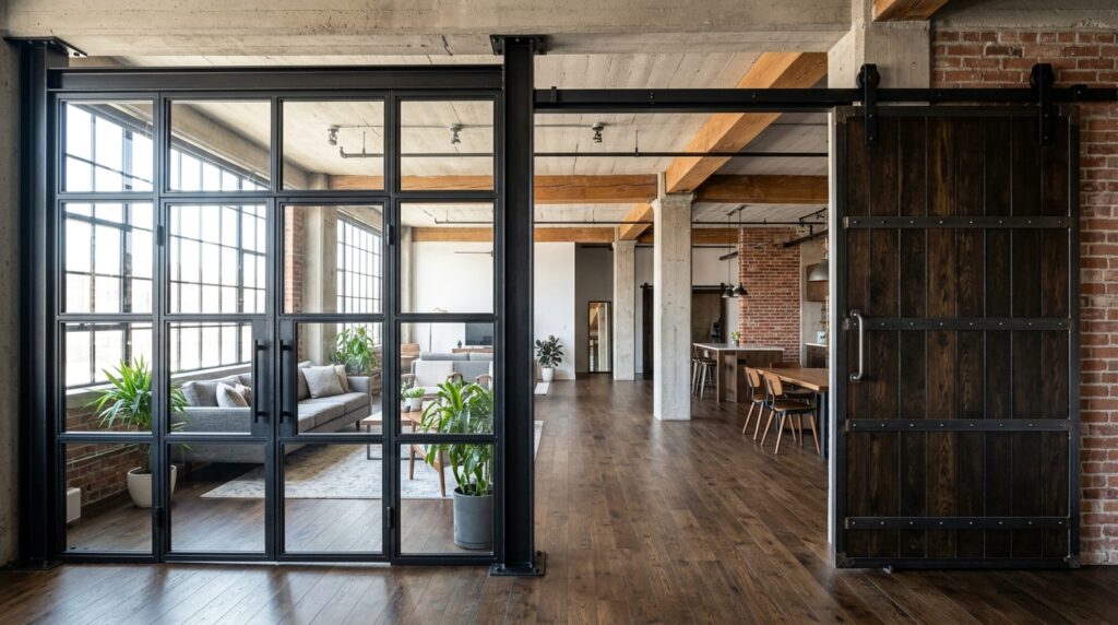 Heller, moderner Wohnraum im Loft-Stil, im Vordergrund links eine fest montierte Stahl-Glas-Trennwand, rechts eine offen