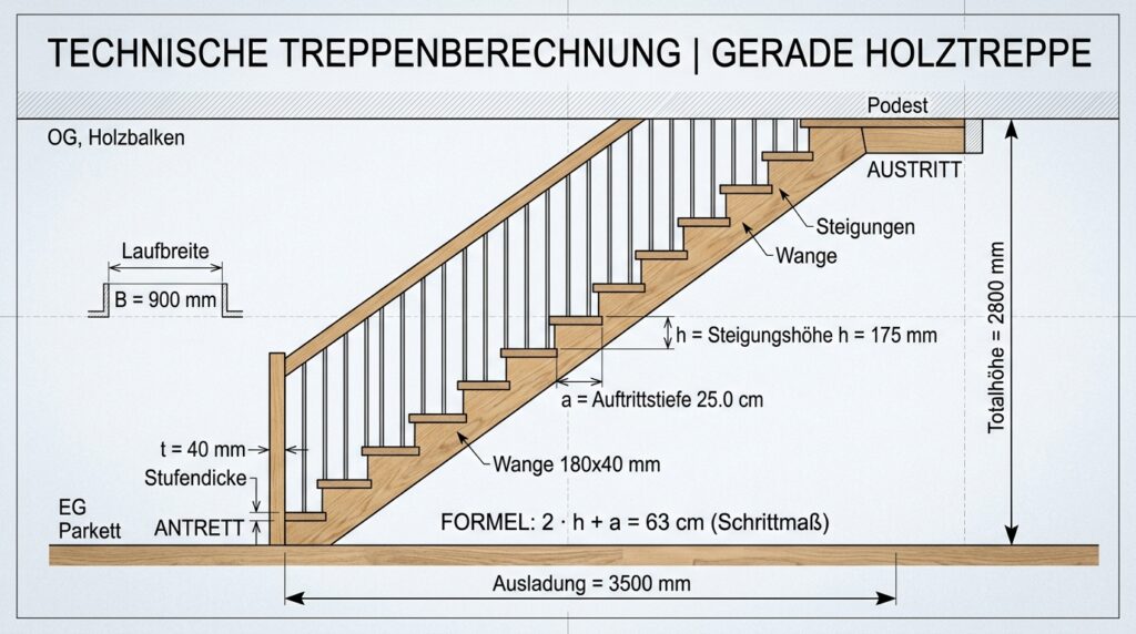 Seitliches Profil einer geraden Holztreppe mit eingezeichneten Bemaßungspfeilen für Steigungshöhe und Auftrittstiefe, klare technische Darstellung als Titelbild zum Thema Treppenberechnung