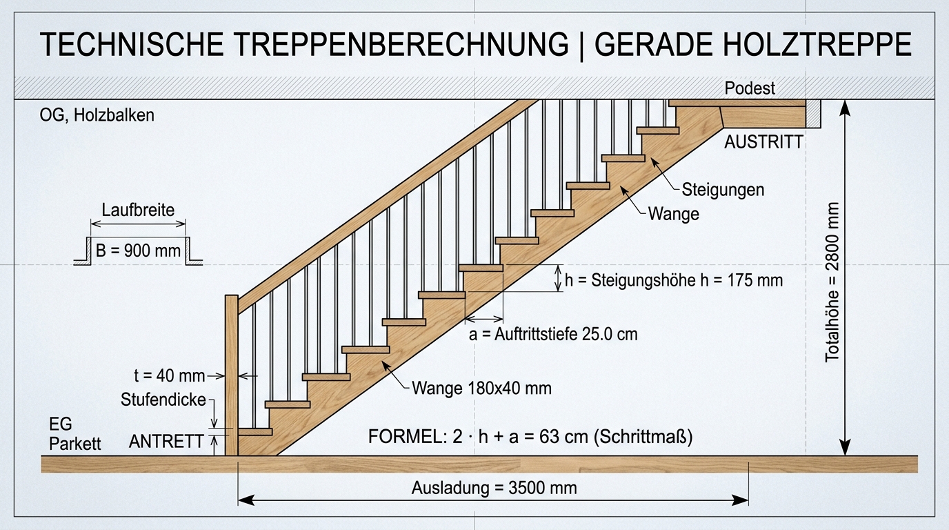 Seitliches Profil einer geraden Holztreppe mit eingezeichneten Bemaßungspfeilen für Steigungshöhe und Auftrittstiefe, klare technische Darstellung als Titelbild zum Thema Treppenberechnung