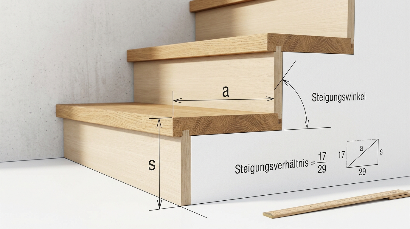 Beschriftete Querschnittzeichnung von zwei Treppenstufen mit markierter Steigungshöhe s, Auftrittstiefe a und Steigungsw