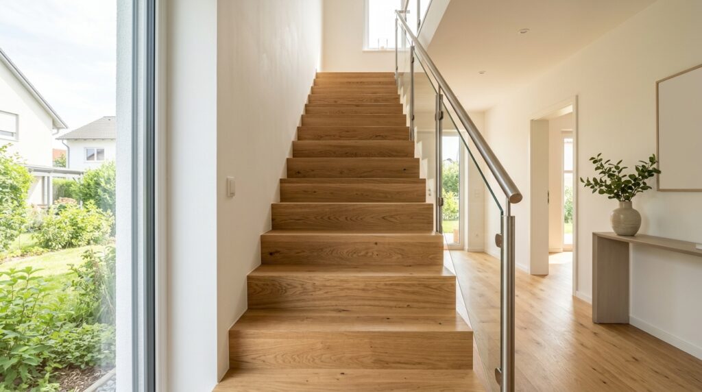 Frisch erneuerte Innentreppe in einem Wohnhaus, neue Massivholz-Trittstufen aus Eiche auf einer geraden Treppe, seitlich