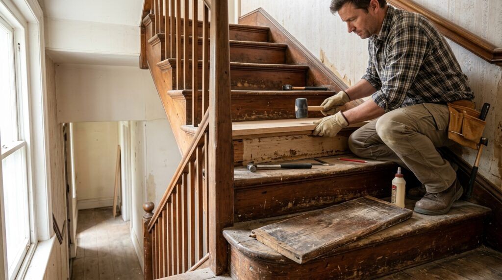 Seitenansicht einer Holztreppe im Wohnhaus, bei der eine alte ausgetretene Trittstufe gerade gegen eine neue Massivholzs