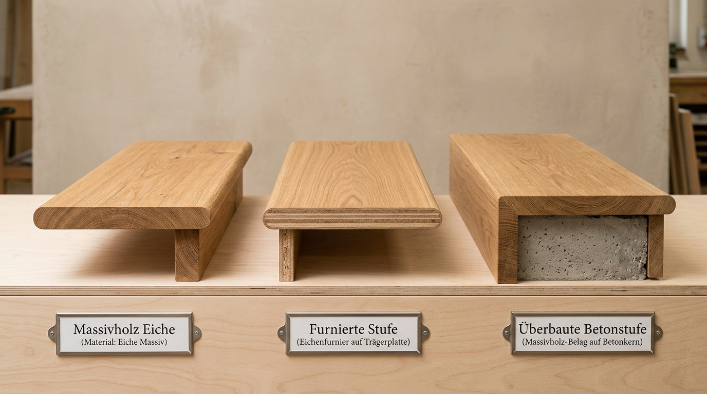 Vergleich von drei Treppenstufen-Materialien nebeneinander, links Massivholz Eiche, mittig furnierte Stufe, rechts mit H
