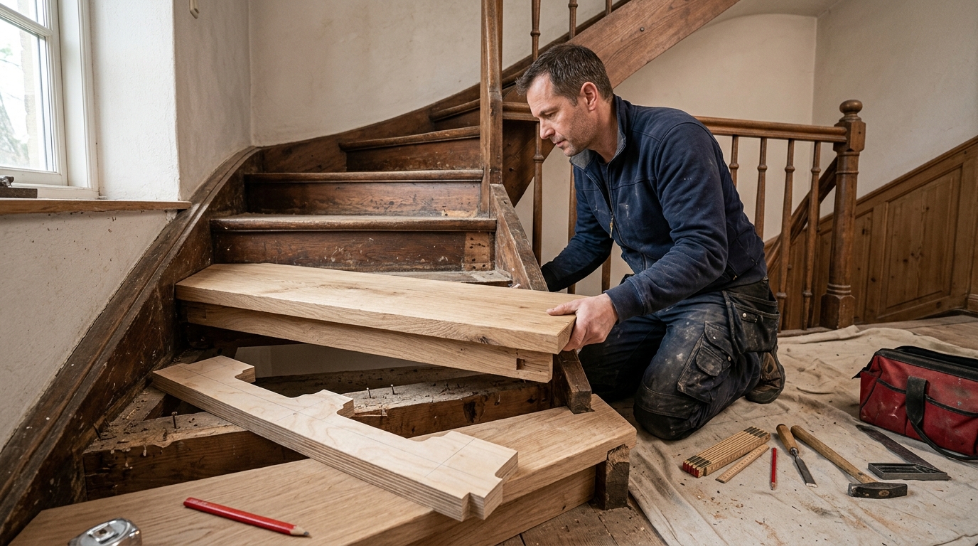 Handwerker beim Einbau einer neuen Massivholz-Trittstufe auf einer Wangentreppe, alte Stufe entfernt, neue Eichenstufe w