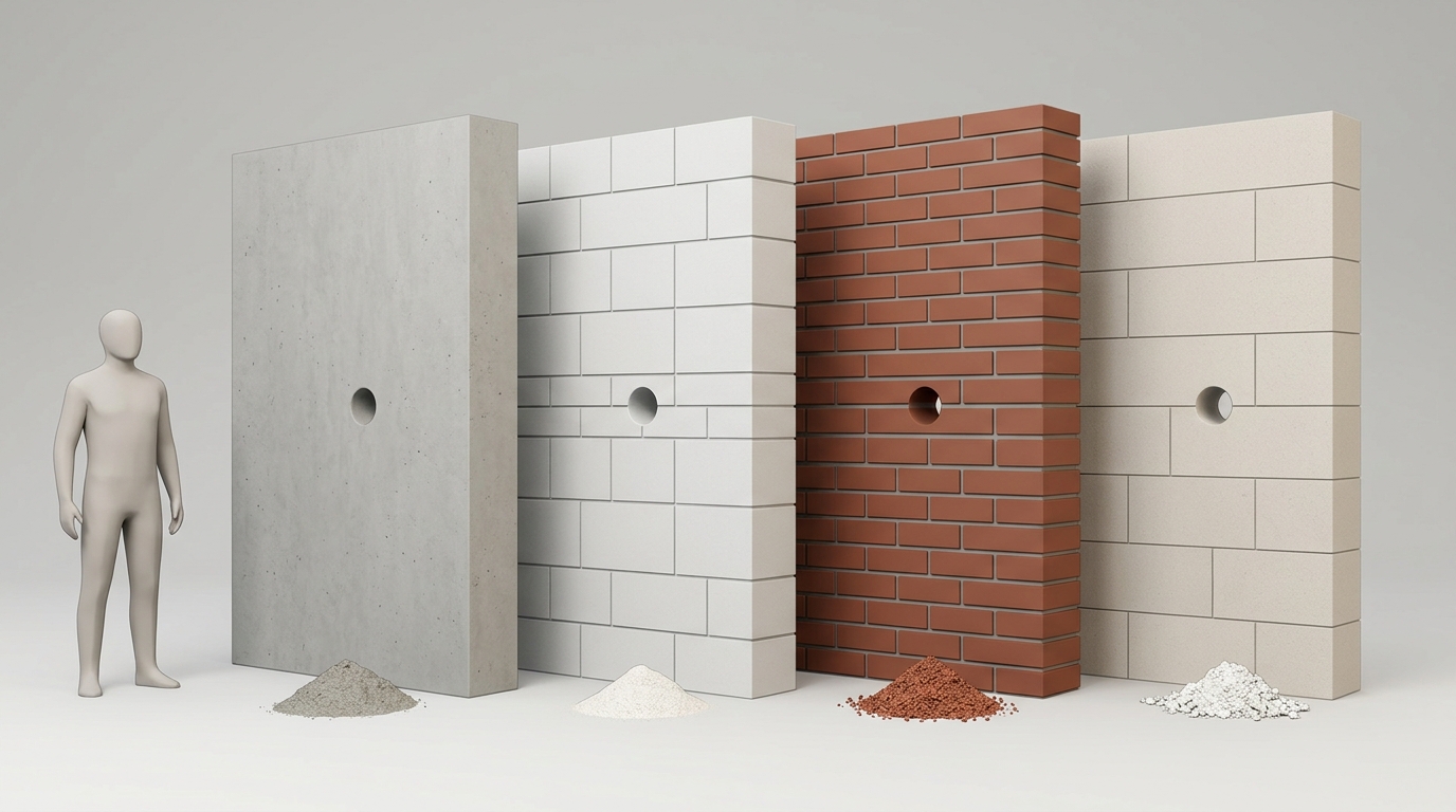 Vergleich von vier Bohrmehl-Farben als Erkennungshilfe fuer das Wandmaterial: grau-zementig fuer Stahlbeton, w Vergleich von vier Bohrmehl-Farben als Erkennungshilfe fuer das Wandmaterial: grau-zementig fuer Stahlbeton, w