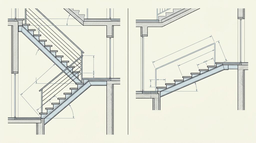Schnittzeichnung im Vergleich, links eine steile Treppe mit 42 Grad Neigung und schmalem Auftritt, rechts eine flachere