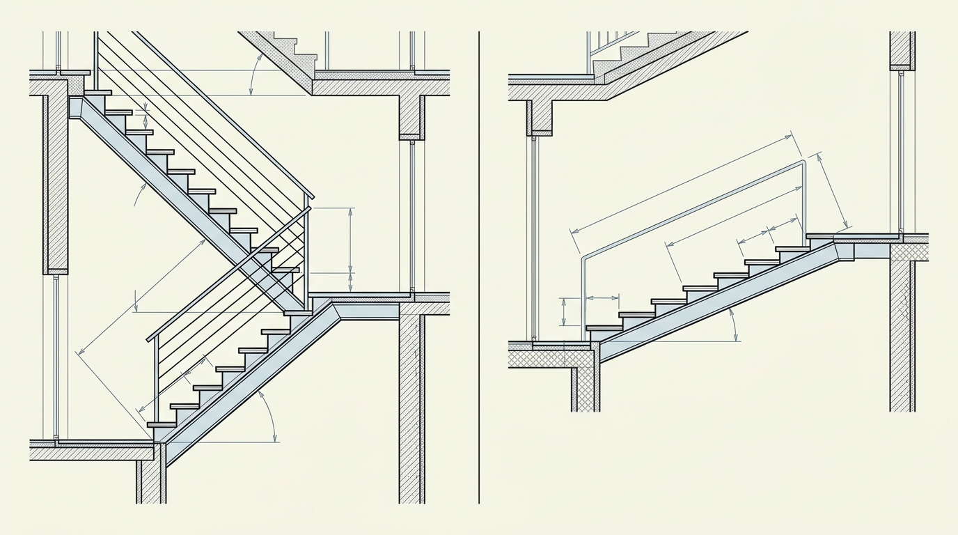 Schnittzeichnung im Vergleich, links eine steile Treppe mit 42 Grad Neigung und schmalem Auftritt, rechts eine flachere