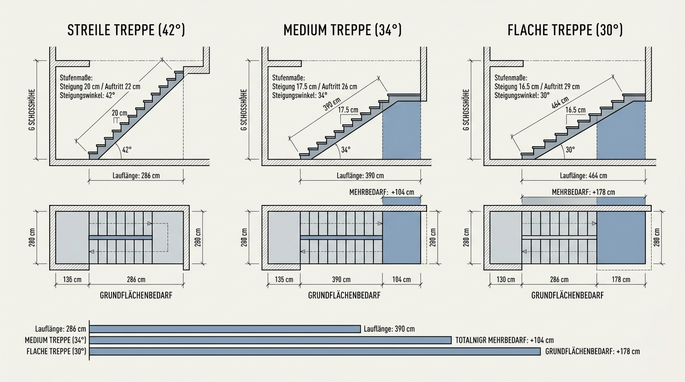 Treppe zu steil? Ursachen, Lösungen & Umbau-Tipps | Goodweld — 1 Infografik zum Grundflaechenbedarf bei 280 cm Geschosshoehe, drei Lauflaengen nebeneinander: 286 cm bei 20/22 cm und 42