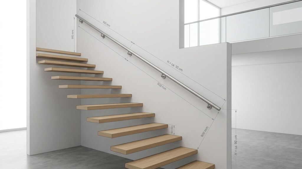 Moderne Innentreppe mit schlankem Edelstahl-Handlauf an der Wand, dezente Maßlinien deuten die Montagehöhe an, helle Umg