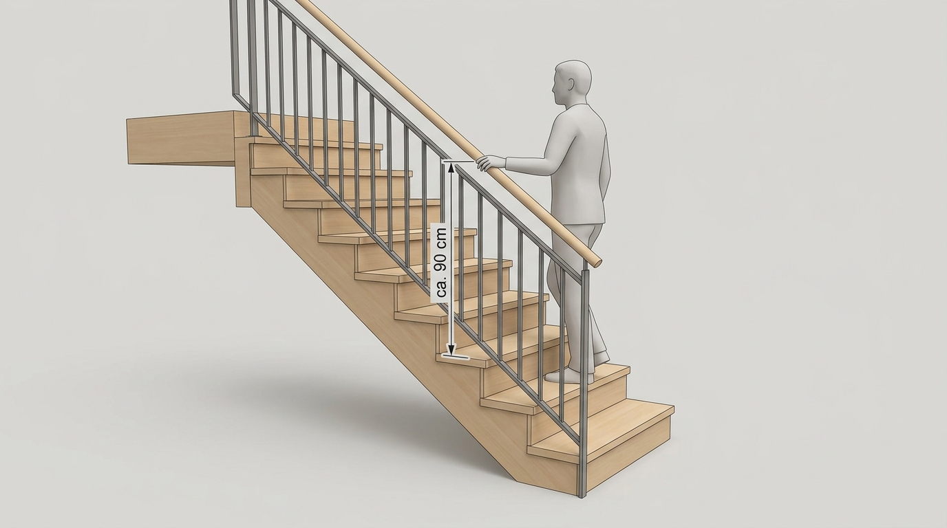 Vektordiagramm einer Treppe mit vertikaler Maßlinie von der Stufenvorderkante bis zur Oberkante des Handlaufs, markiert
