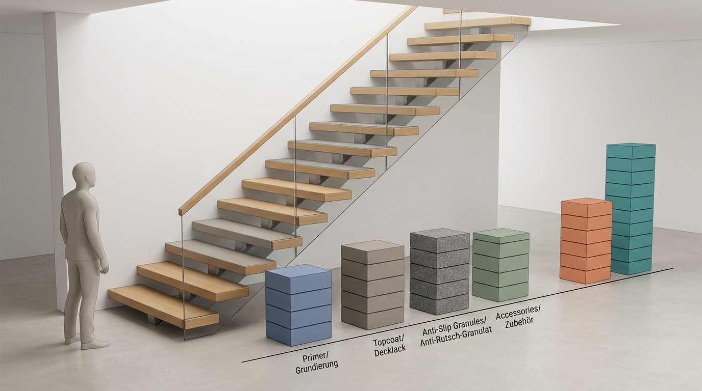Kostengrafik für eine Treppe mit 13 Stufen und rund 6 m² Fläche: Materialkosten 55 bis 105 Euro bei 1K und 55 bis 125 Eu