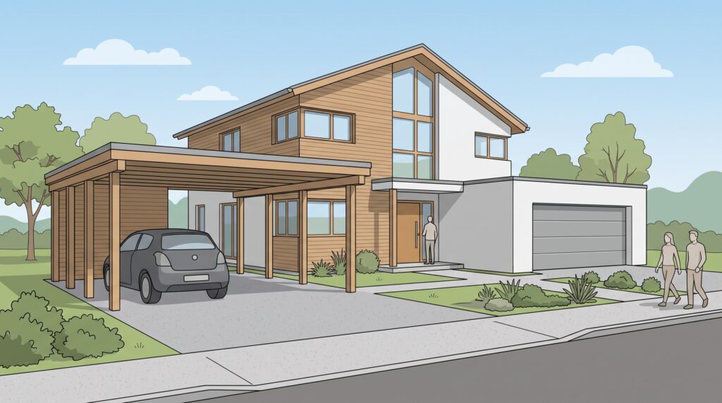 Carport und Garage im direkten Vergleich vor einem Einfamilienhaus