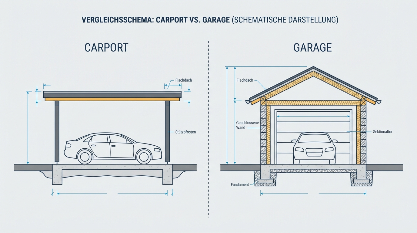 Konstruktionsunterschied zwischen offenem Carport und geschlossener Garage