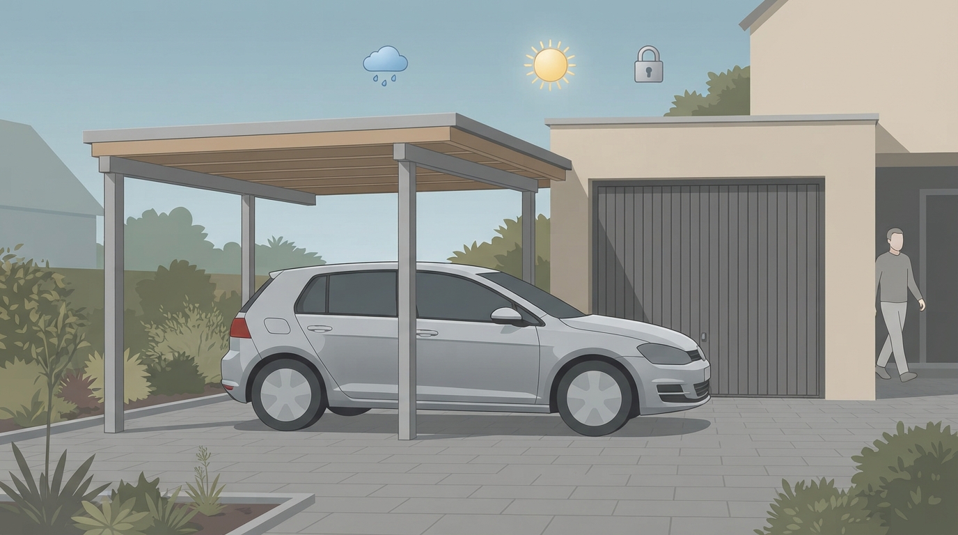 Schutzwirkung von Carport und Garage im Vergleich anhand von Wetter- und Diebstahlschutz-Symbolen