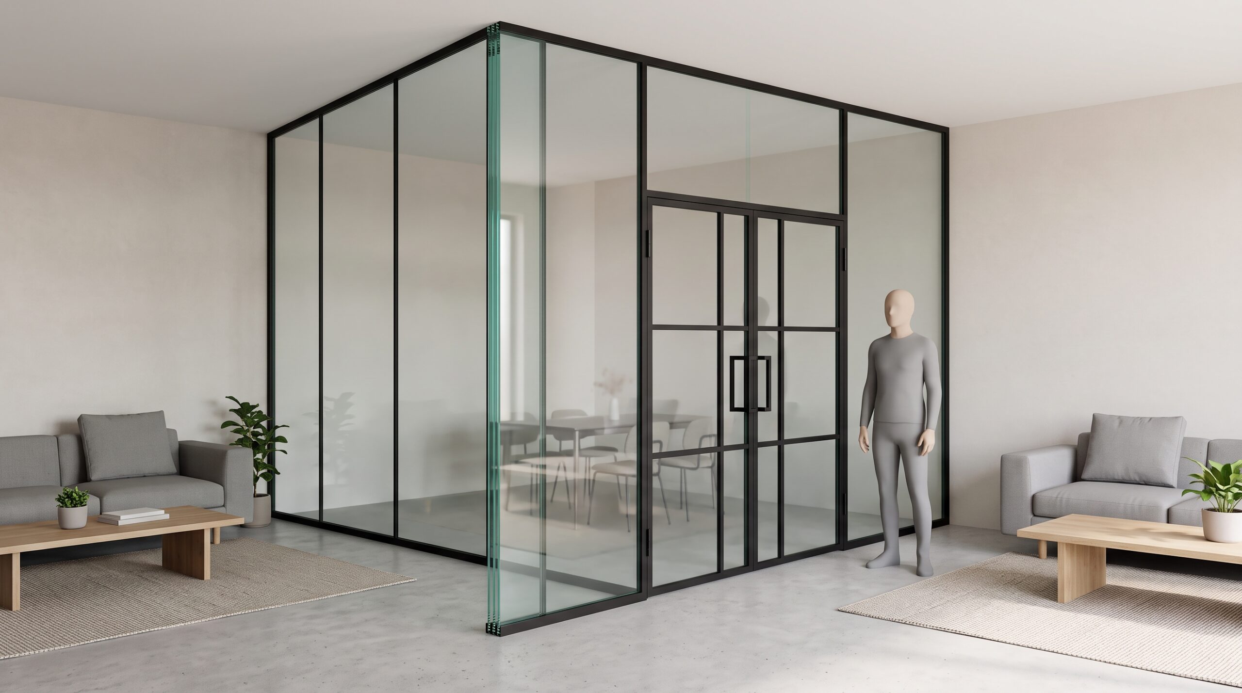Nahaufnahme einer raumhohen Glaswand mit Lofttür in einem modernen Wohnraum, Kante der Verglasung sichtbar mit