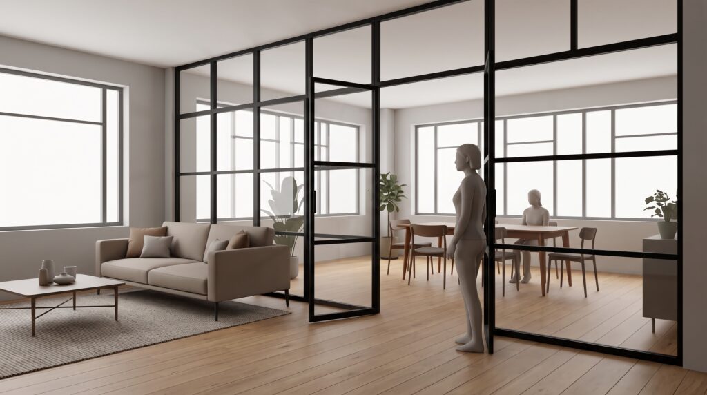 Modernes Wohnzimmer mit offener Lofttür aus schwarzem Stahlrahmen als Raumteiler zum angrenzenden Essbereich,