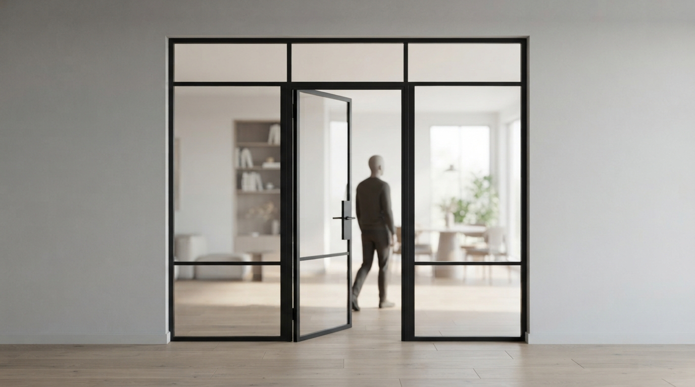 Nahaufnahme einer Lofttür mit klarem Glas und schmalem schwarzem Stahlrahmen, die Licht ungehindert in einen d Nahaufnahme einer Lofttür mit klarem Glas und schmalem schwarzem Stahlrahmen, die Licht ungehindert in einen d