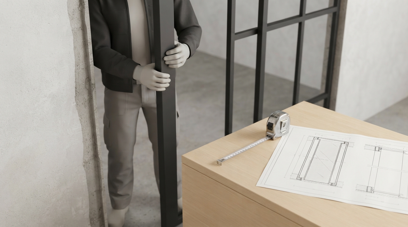 Detailaufnahme eines schmalen Stahlprofils einer Lofttür beim Einbau, daneben Maßband und technische Zeichnung Detailaufnahme eines schmalen Stahlprofils einer Lofttür beim Einbau, daneben Maßband und technische Zeichnung