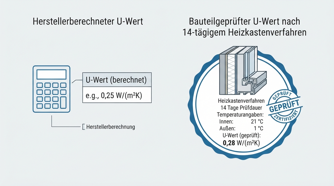Vergleich: herstellerberechneter U-Wert per Taschenrechner gegen bauteilgeprüften U-Wert im 14-tägigen Heizkastenverfahren bei 21°C und 1°C Vergleich: herstellerberechneter U-Wert per Taschenrechner gegen bauteilgeprüften U-Wert im 14-tägigen Heizkastenverfahren bei 21°C und 1°C