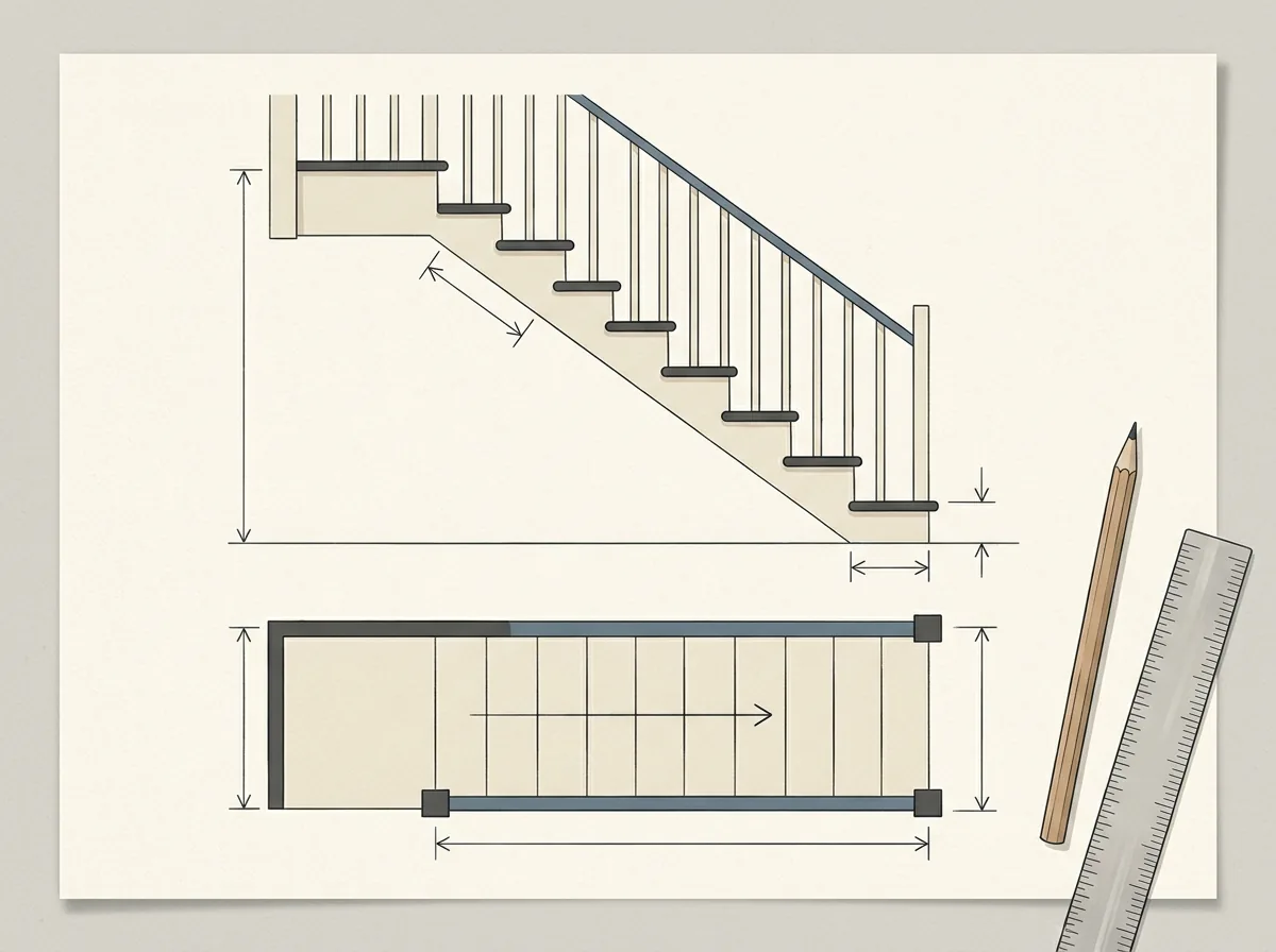 Plan einer Treppe mit Grundriss, Schnitt und Bemaßung